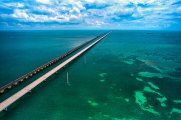 Aerial Drone image of the Seven Mile, 7-Mile bridge spanning the clear turquoise waters of the tropical Florida Keys on the way to Key West