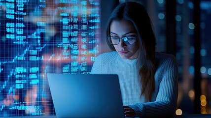 Young woman software developer working on laptop with code projection in futuristic office at night