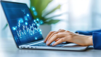 Businesswoman analyzing stock market investment chart using laptop, with financial data and business icons overlay