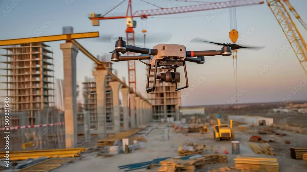 Aufkleber Construction progress monitoring involves a drone capturing aerial footage, transmitting a live video feed to a tablet, providing a comprehensive view of the site's development and infrastructure