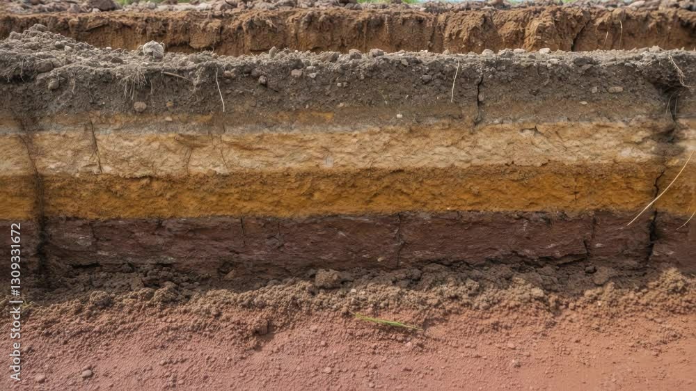 Poster detailed soil profile exposing distinct layers of topsoil, subsoil, and parent material, revealing v