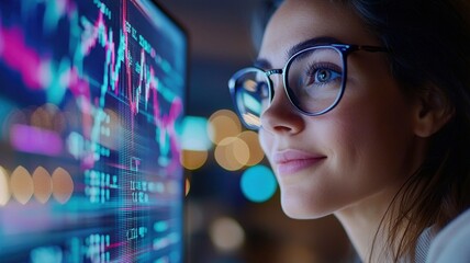 Businesswoman working late at night using futuristic transparent display analyzing stock market data