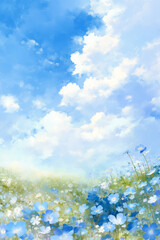 風にそよぐネモフィラと夏の草原 自然の美しさを感じる風景