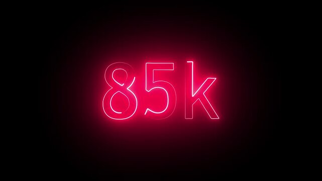 glowing neon 85K text animation on black background. 85k Followers Celebration text animation.