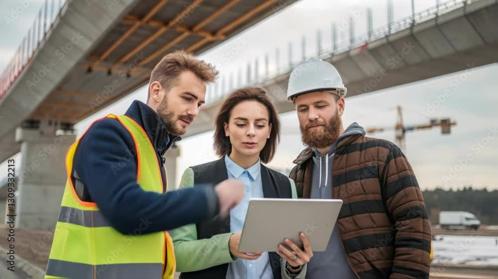 Aufkleber construction workers and professional architect collaborating at bridge construction site, reviewing