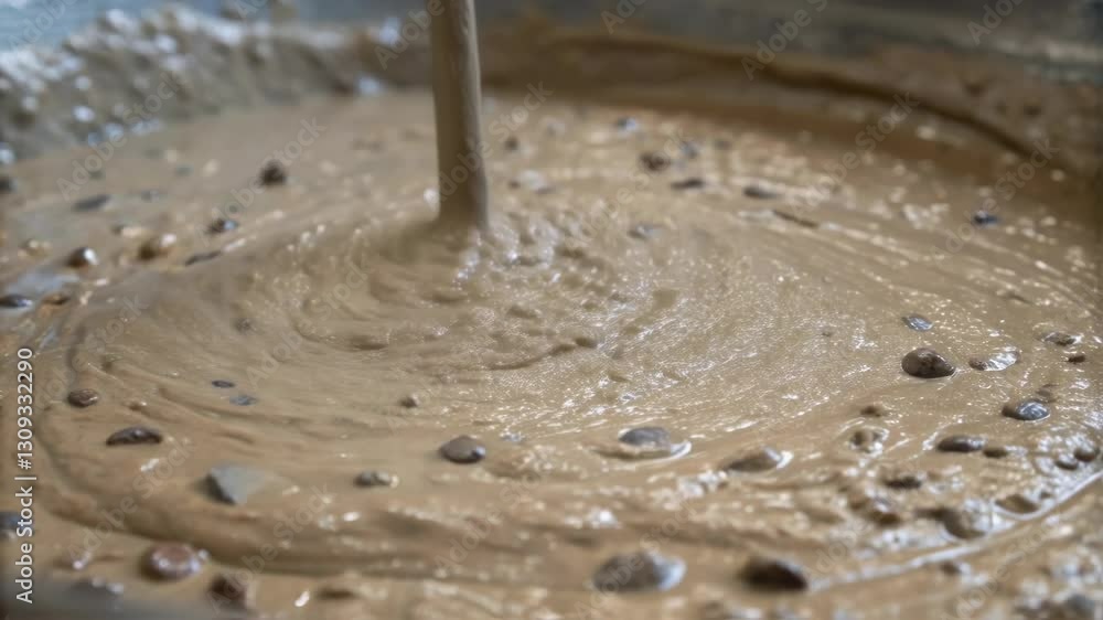 Poster Wet concrete mixture is poured into a bucket, creating a swirling pattern and ripples on its surface, with small stones and debris visible within the mix