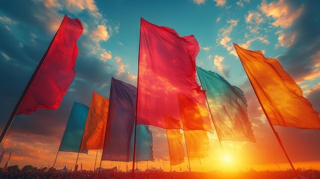 Vibrant flags waving at a music festival during sunset. Generative AI