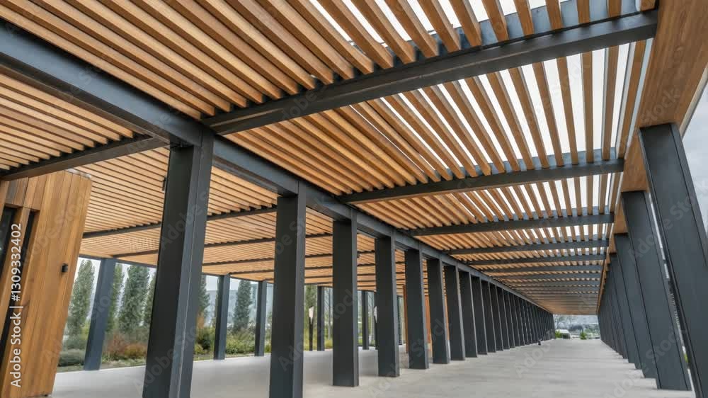 Aufkleber Sunlight streaming through wooden roof structure, dark pillars supporting overhead framework, creating expansive architectural space with geometric patterns and interplaying light and shadow