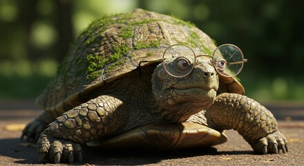 Naklejka premium Turtle Wearing Glasses Crawling on Path with Mossy Shell Closeup