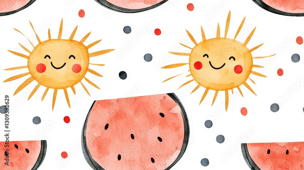 Poster cheerful summer pattern with smiling suns and watermelon slices in a whimsical style