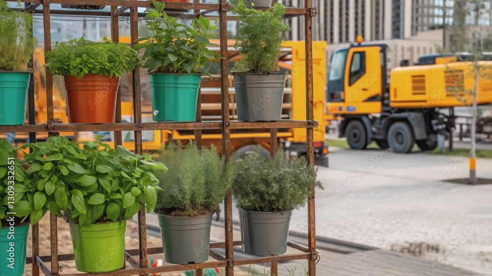Poster Potted herbs and plants arranged on a metal grid structure create a vibrant display of greenery, while construction trucks in the background suggest an urban setting