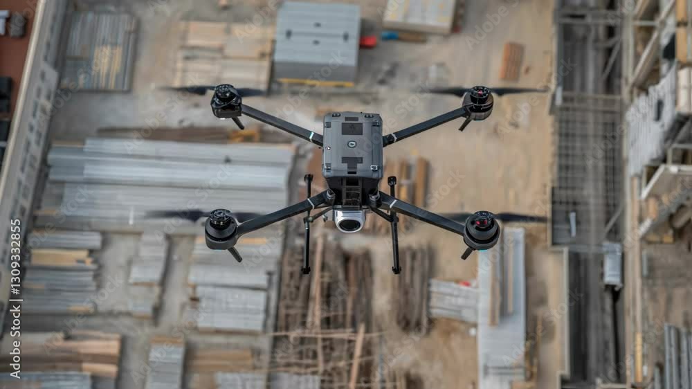 Poster Professional drone equipped with high resolution camera monitors progress on a large construction site, capturing aerial data for analysis and project management