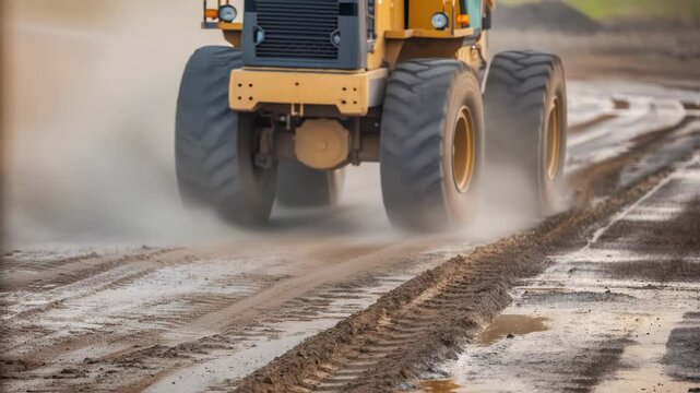 Industrial road construction scene featuring heavy machinery compactor flattening wet dirt ground, creating distinctive tire tracks and raising swirling dust clouds during earthworks process