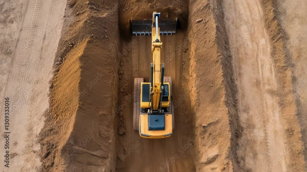 Fototapete aerial perspective revealing yellow excavator methodically digging deep trench, demonstrating precis