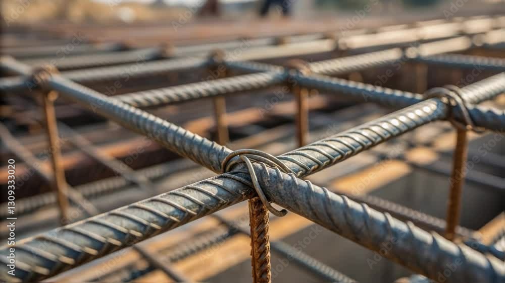 Fototapete close up view of a grid of rebar tied together with wire, forming the reinforcement structure for a 