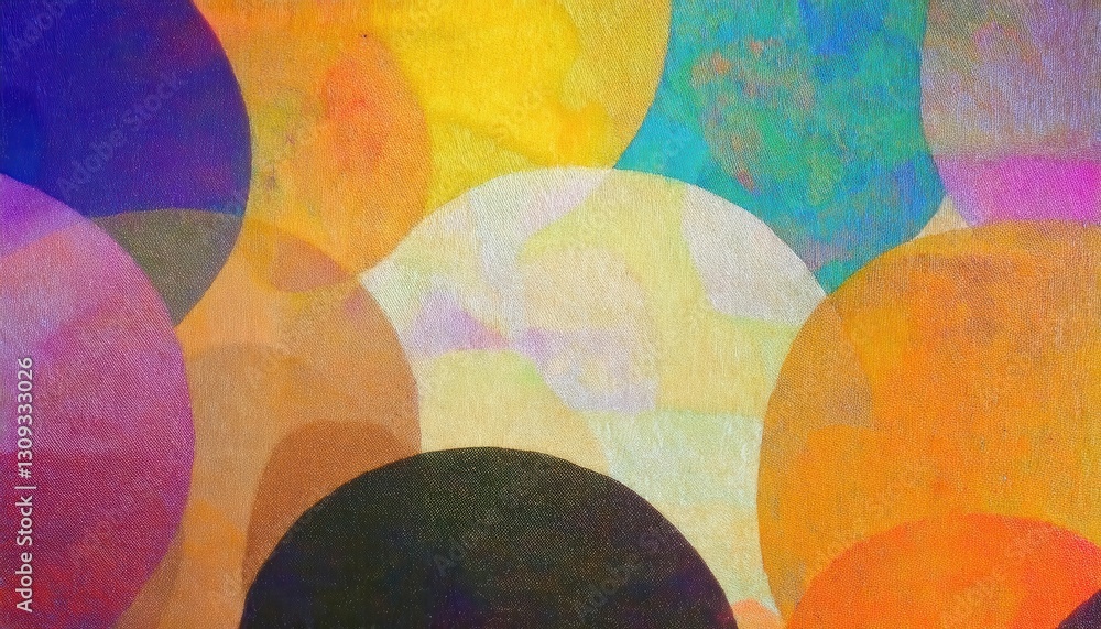 Aufkleber vibrant overlapping circles abstract art, colorful geometric pattern with textured canvas surface for modern design use