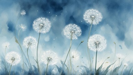 Minimalist White Dandelions in Twilight Watercolor
