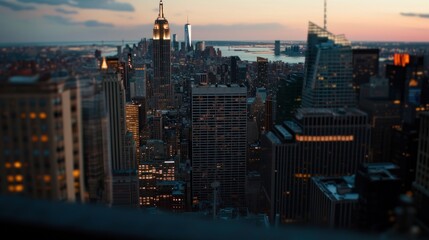 NYC skyline sunset, city buildings, evening lights