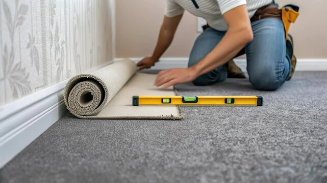 Professional worker is accurately laying carpet flooring in a room, meticulously using a spirit level to ensure perfect alignment and a smooth finish