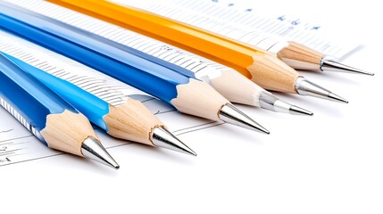 Close up of Sharpened Pencils on Paper Blue Yellow and Graphite Office Supplies