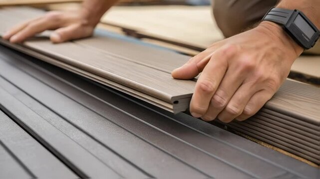 Construction worker precisely installing composite deck boards using specialized hidden fasteners, aligning planks on substructure for seamless outdoor flooring with architectural precision