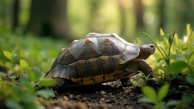 Turtle with a powerful shell walking through lush green forest under soft sunlight
