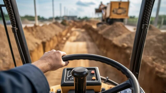 Construction worker carefully drives grader, following dump truck on a trench, ensuring precise ground leveling for infrastructure development