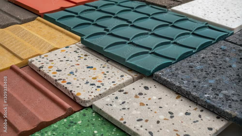 Poster different tactile paving tiles and concrete tiles samples are displayed, showcasing various colors, 
