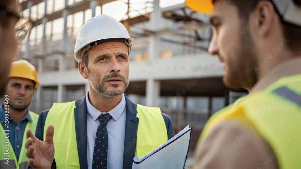 Poster construction site professional wearing business attire and safety vest leading discussion with forem