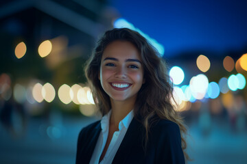 Obraz premium Young smiling businessman posing confidently, dressed in modern executive clothes, on a technological city background with an illuminated office building.