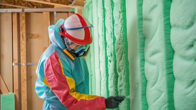 Professional builder spraying polyurethane foam insulation on wooden frame house, ensuring energy efficiency and thermal protection for residential property