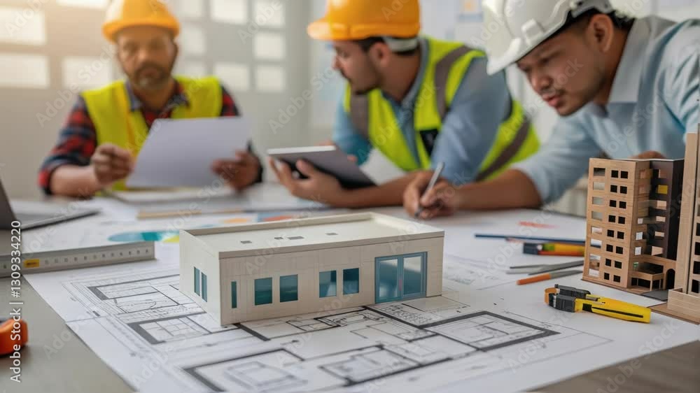 Poster Professional architects and engineers are examining a building model and blueprints during a collaborative meeting, discussing plans and making important decisions for a construction project