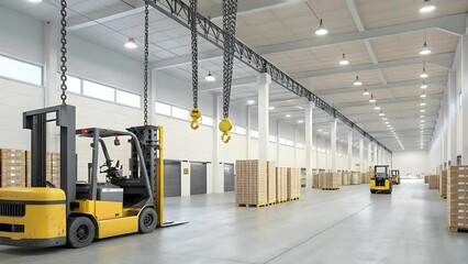 Organized Warehouse Interior with Forklifts, Pallets, and Overhead Cranes - Powered by Adobe