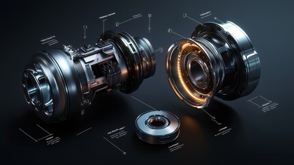 Electric car motor exploded view showcasing stator rotor and bearings. AI generated