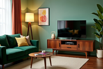A stylish modern mid-century living room with warm tones and minimalist decor  .