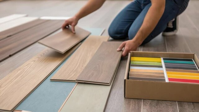 Skilled construction worker selecting wooden planks from sample box, comparing textures and colors for precise parquet flooring installation