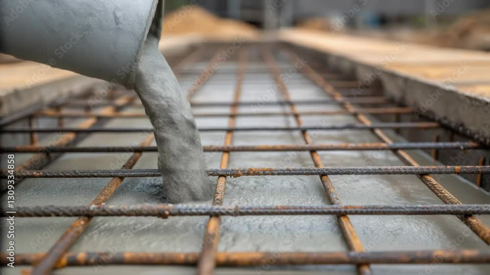 Poster liquid cement flowing through metal grid formwork, spreading evenly and preparing strong structural 