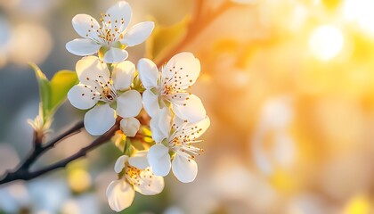 White blossoms on a branch, backlit by golden sunlight.
