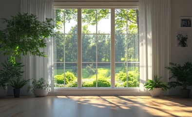 Sunny room with large window, lush garden view, and houseplants