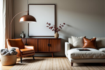A stylish modern mid-century living room with warm tones and minimalist decor  .