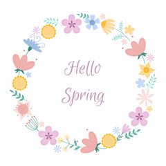Greeting card with flowers. Hello spring. Vector illustration of a wreath on a white background. Suitable for spring seasonal celebrations.