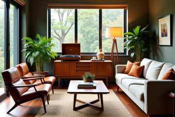 A stylish modern mid-century living room with warm tones and minimalist decor  .