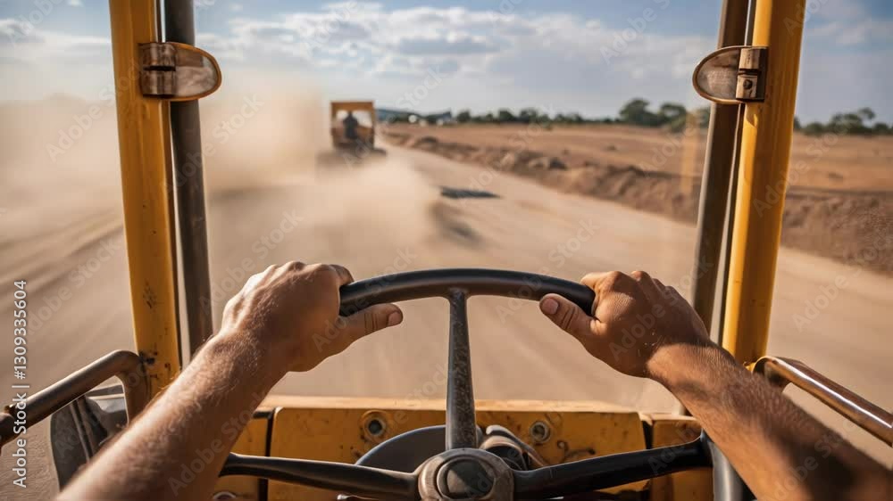 Aufkleber Construction worker operating heavy grader along dusty rural road, following another machine while leveling ground during large scale infrastructure development project