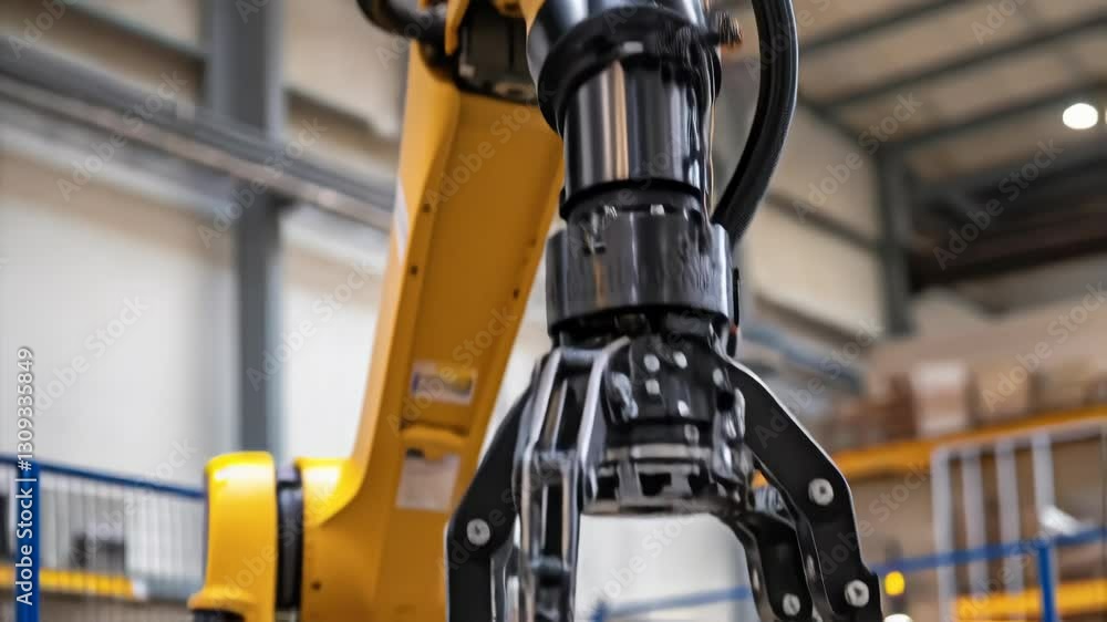 Poster Precise yellow robotic arm gripping and manipulating objects within industrial warehouse, showcasing advanced manufacturing automation technology