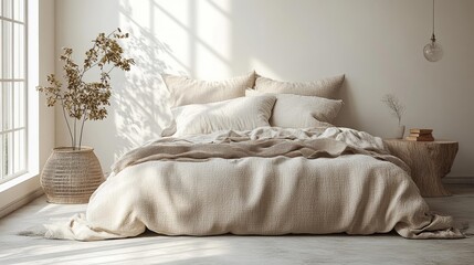 Bright bedroom with neutral-toned bedding and minimal decor featuring natural light and peaceful ambiance. Generative AI
