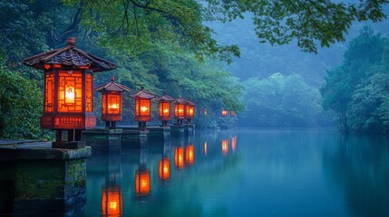 Fototapeta premium Illuminated Lanterns Line a Misty River at Night