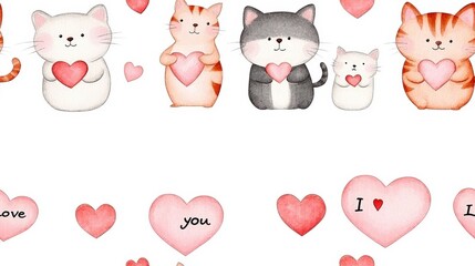 Obraz premium Cute Cartoon Cats Holding Hearts in a Charming Pattern for Valentine's Day or Pet-Themed Designs