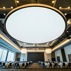 A blank circular billboard suspended from the ceiling in a large conference center, drawing attention from all angles.