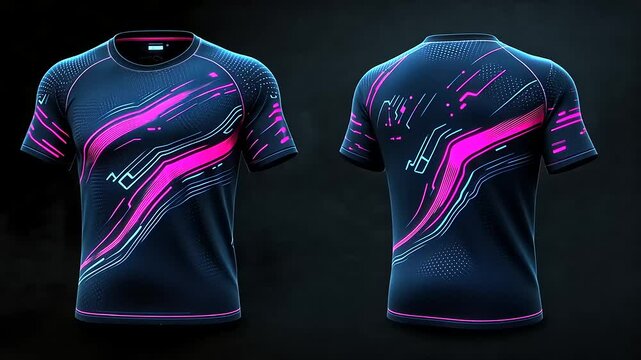 Futuristic sports jersey featuring vibrant pink and blue designs on a dark background