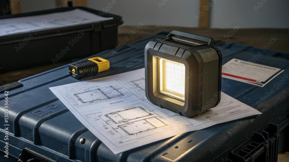 Poster powerful portable work light illuminates a blueprint placed on top of a rugged equipment case, showc